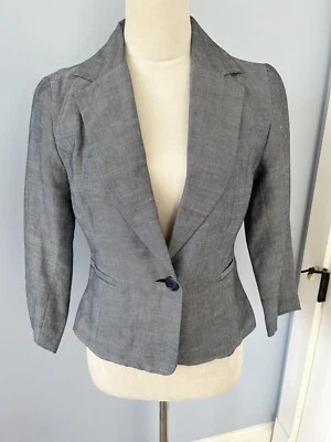 Cynthia Rowley Pin Stripe Navy Blue 3/4 Sleeve Linen Blend Blazer - Small - Image 1 of 4