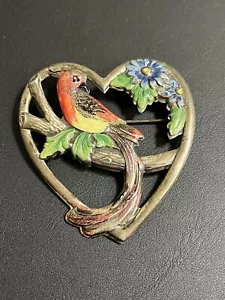 Sterling Craft Coro Enamel Heart Pin W/ Bird & Flowers. 1940s Katz 9.25Gr - Picture 1 of 4