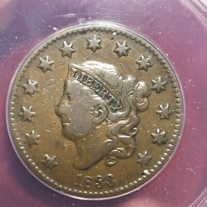 1833 1c N-5 Horned 8 Matron Head Large Cent Rotated Dies ANACS F12 - Picture 1 of 8