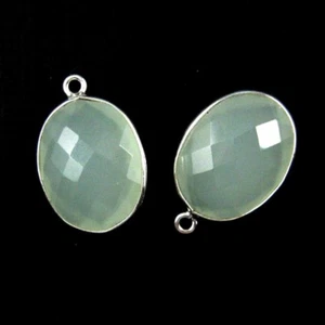 Bezel Gem Pendant-Sterling Silver-14x18mm Faceted Oval - Aqua Chalcedony (2pcs) - Picture 1 of 2