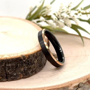 4MM Thin Black & rose Gold Tungsten Ring Matt Brushed Beveled Edges Band - Picture 1 of 4