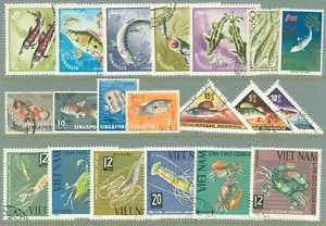 CL74 FISHES Marine fauna - 20v used Vietnam Mongolia Singapore + - Picture 1 of 1