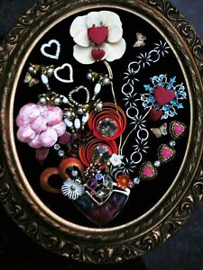 OOAK Jewelry Art Framed Shadow Box Flowers Floral Folk Art Handmade