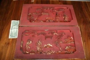 Par de paneles antiguos chinos tallados en madera dorada roja - Imagen 1 de 6