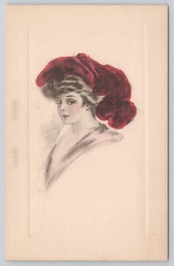 Cartolina bella signora vittoriana grandi cappelli schizzo in rilievo antica non spedita - Foto 1 di 2