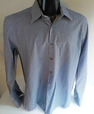 Camisa de vestir a rayas Theory LS con botones 100 % algodón azul marino/gris talla 16 1/2 32/33 Foto 1 de 4