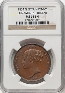 UK - 1854 Victoria Penny - NGC MS64 BN - ORNAMENTAL TRIDENT VARIETY - SCARCE - Picture 1 of 2