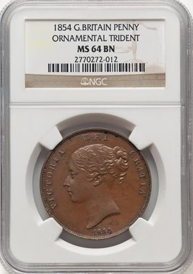 UK - 1854 Victoria Penny - NGC MS64 BN - ORNAMENTAL TRIDENT VARIETY - SCARCE - Image 1 of 2