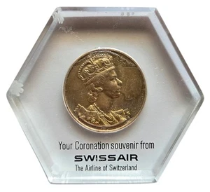 1953 Queen Elizabeth ll Coronation Medal Swiss Air Promotional Paperweight Rare - Picture 1 of 2