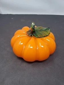 Handblown Solid Bright Orange Art Glass Pumpkin w/ Green Stem Decor Paperweight - Picture 1 of 5