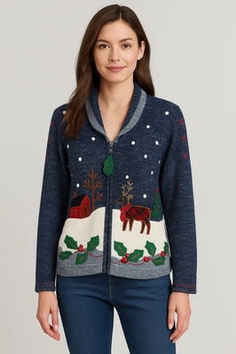 Suéter Feo Navidad Cremallera Cárdigan Talla Mediana Azul Reno Nieve Divertido Novedad Foto 1 de 4