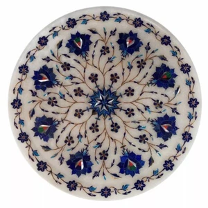 10" Elegant Marble White Round Serving Plate Lapis Floral Marquetry Arts Decors - Picture 1 of 8