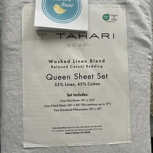 Juego de sábanas 4 piezas TAHARI QUEEN lino algodón blanco suave azul verde nuevo lino lavado - Imagen 1 de 10