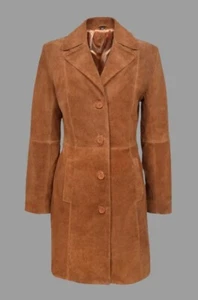 Women's TAN Real Suede Lambskin Leather Knee-Length Classic Designer Trench Coat - Picture 1 of 7