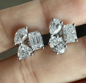 Multi Cut Moissanite Earrings Three Stone Earrings For Women Anniversary Gifts - Picture 1 of 10