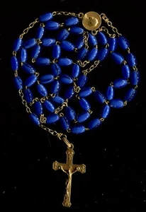 ANTIQUE FRENCH BLUE GLASS PEARL GOLD PLATED ROSARY WITH POCKET SIGNED LASSERRE - Picture 1 of 4