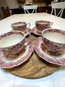 Vintage Romantic England Fine China Cups & Saucers, Red Scenery, set of 4, EUC - Picture 1 of 9