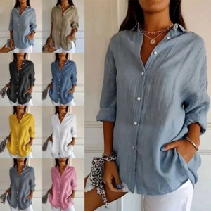 Women Baggy Shirt Button Up Long Sleeve Ladies Casual Loose Plain Blouse Tops AU - Picture 1 of 37