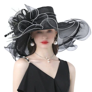 Black Organza Kentucky Derby Hat Wide Brim Church Dress Fedoras Hats Fascinator - Picture 1 of 3