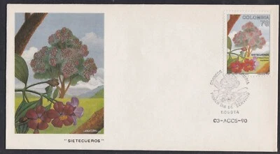 COLOMBIA 1990 PRIMER DÍA CUBIERTA TIBOUCHINA LEPIDOTA ÁRBOL CON FLORES + VOLANTE Foto 1 de 4