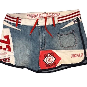 Y2K Pepe Jeans London Denim Mini Skirt Shorts Embroidered Patches Pockets 36” - Picture 1 of 12