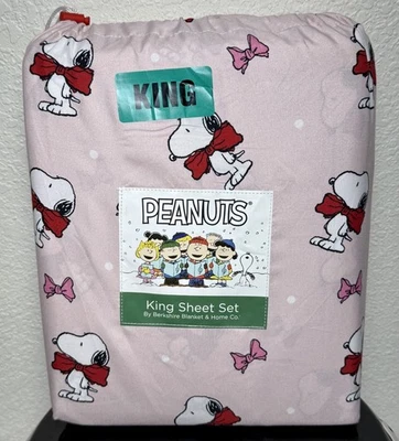 Juego de sábanas Peanuts Snoopy vacaciones de Navidad rojo rosa lazos KING NUEVO Foto 1 de 4