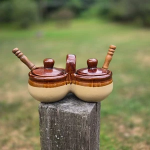 Vintage brown Stoneware Crock Pottery Double Condiment Jar & mini spoons ombre - Picture 1 of 9
