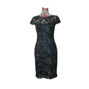 NWT Tadashi Shoji Sz 4 Gold Embroidered Lace Boatneck Midi Gown Dress Dark Teal - Picture 1 of 12