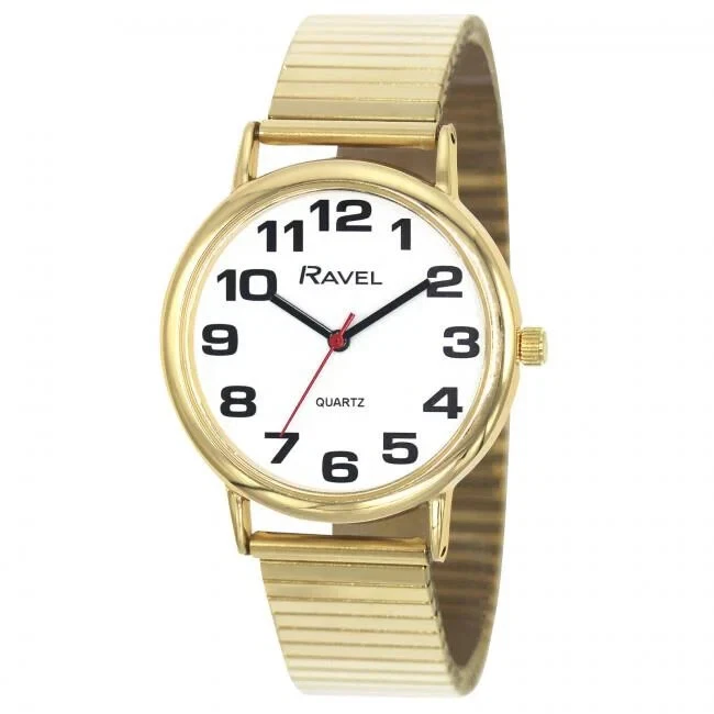 Ladies Gold Day Date Expandable Strap Watch by Ravel Bold Easy Read Numbers Gift