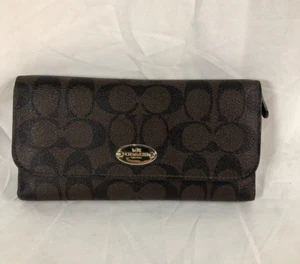 COACH Signature Canvas Leather Trifold ZIP Brown Wallet F52681 - Picture 1 of 8