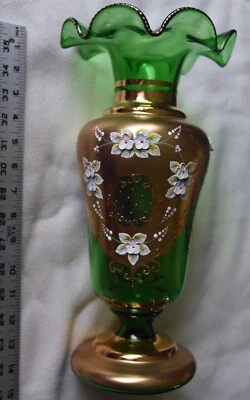 14 1/2" Green & Gold Gilded w/ Enamel Flowers, Bohemian Glass Hand Painted Vase - Image 1 of 4