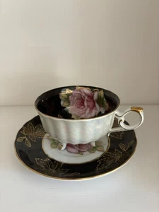 Royal Halsey Black Footed Teacup And Saucer With Roaes - Picture 1 of 7