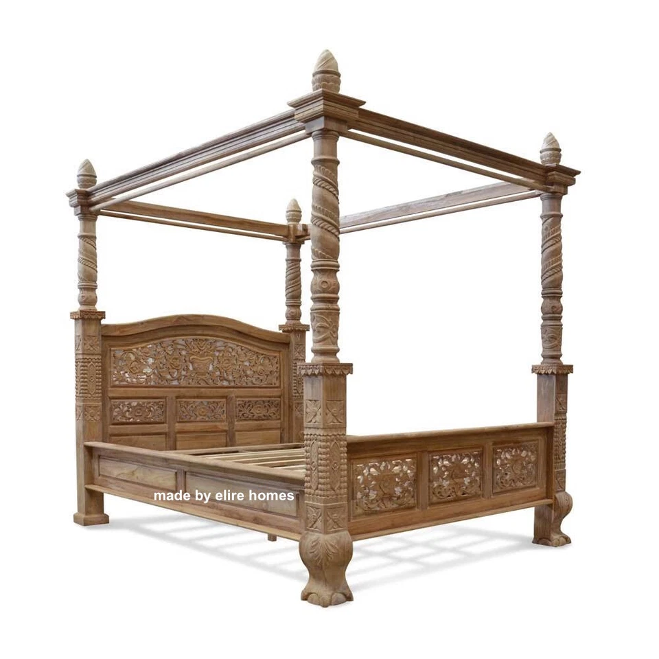 A MEDIDA ~ Madera de teca tallada cuatro póster diseño floral chippendale cama floral Foto 1 de 4