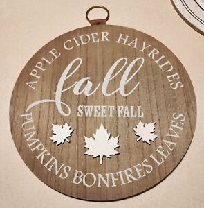 Sign, Fall Rustic Wooden Wall Hanging Decor 10" Round Raised White leaves NEW