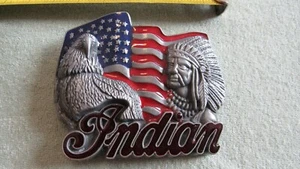 INDIAN MOTORCYCLE BELT BUCKLE enamel FLAG EAGLE CHIEF HEADDRESS NEW red black - Picture 1 of 5