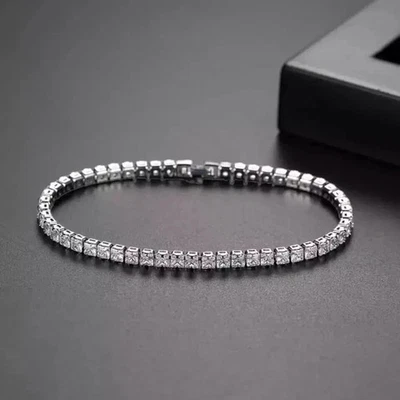 7Ct Princess Lab Created Diamond Men's Tennis Bracelet 14K White Gold Plated 8" - Image 1 of 4