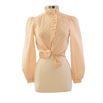 Blusa vintage años 70 con volantes estampado floral para mujer S 4 melocotón manga abullonada pradera top Foto 1 de 4