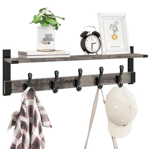 Coat Rack Wall Mount with Shelf, 29 Inch Wood Wall Shelf with Hooks, Entryway... - Picture 1 of 8