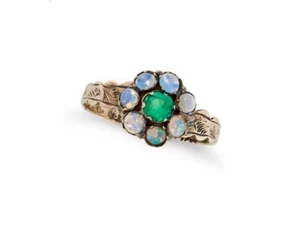 Antique Victorian 9 Carat Gold Emerald & Opal Cluster Ring Vintage - Picture 1 of 8