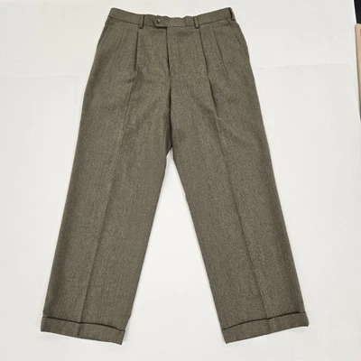 Bill Blass Dress Pants Men's 34x30 Brown Twill Pleated Cuffed Polyester Wool - Image 1 of 4