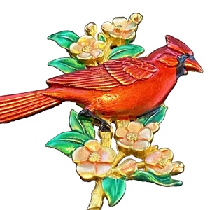Vintage Signed JJ Christmas RED CARDINAL FLOWERS ENAMEL BROOCH PIN - Picture 1 of 8