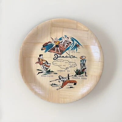 Jamaican Serving Tray Bamboo Fiber 13” Round Native Scenery Map, Limbo, Rafting. - Image 1 of 2