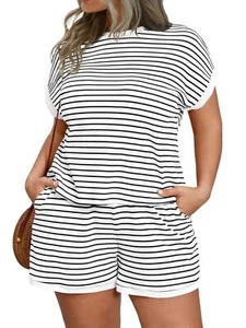 Womens Plus Size Lounge Set 2 Piece Outfits Stripe Short Sleeve Shirts Tops S... - Picture 1 of 6