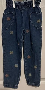 Mini Boden Embroidered Flower Print Jeans Heart Pockets Elastic Waist EUC Size 5 - Picture 1 of 4