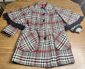 Vintage Pinguin Mode M. Limen Wolle Umhang Mantel mit Fransen rot schwarz kariert Made USA - Bild 1 von 11