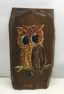 Vintage 70er strukturierte handbemalte große Augen Eule Kunst Plakette auf Holz signiert..[S7-1 - Bild 1 von 6