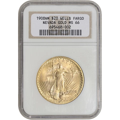 1908 US Gold $20 Saint-Gaudens Double Eagle No Motto NGC MS66 Wells Fargo Nevada Cover