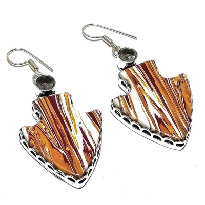 Brinco de prata esterlina 925 topázio esfumaçado jaspe madeira amendoim cabeça de flecha L135 - Imagem 1 de 4