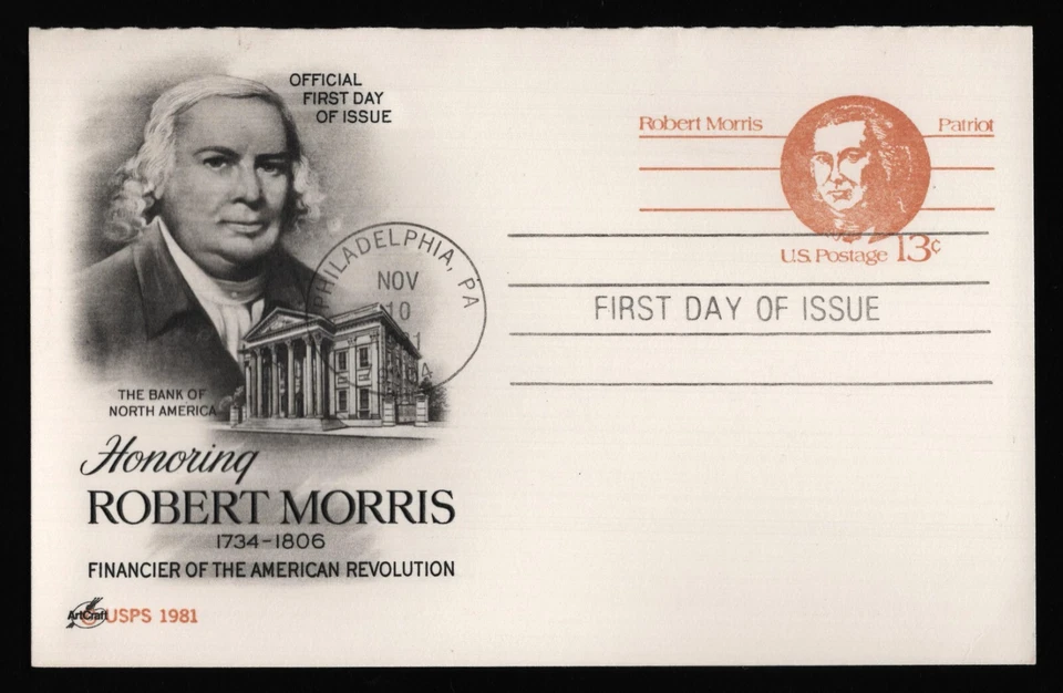 #UY34 13c Robert Morris, Art Craft FDC **ANY 5=FREE SHIPPING** - Image 1 of 1