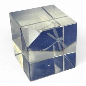 Laser Etched Crystal Cube Art Dragon Fly 3D Glass Desk Paperweight - Picture 1 of 5